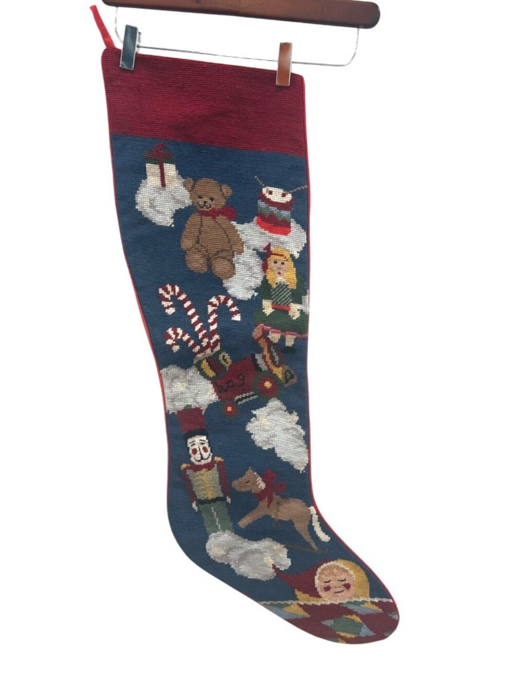 Vintage Sferra Christmas Toys Needlepoint Stocking 33"L Teddy Bear Nutcracker